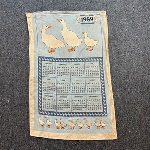 Vintage 1989 Country Goose Blue Tan Fabric Wall Calendar Tea Towel 16x24